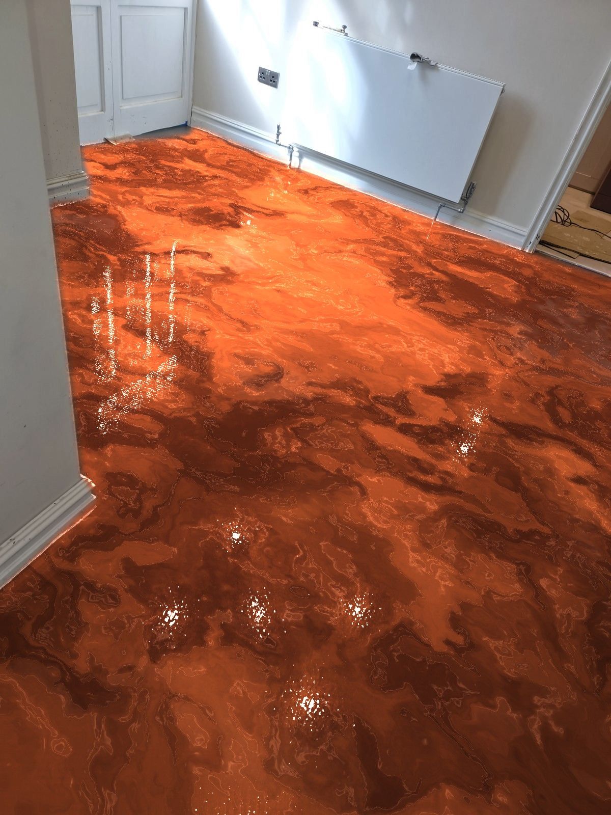 The same hallway with a copper metallic resin floor, shown in the visualiser