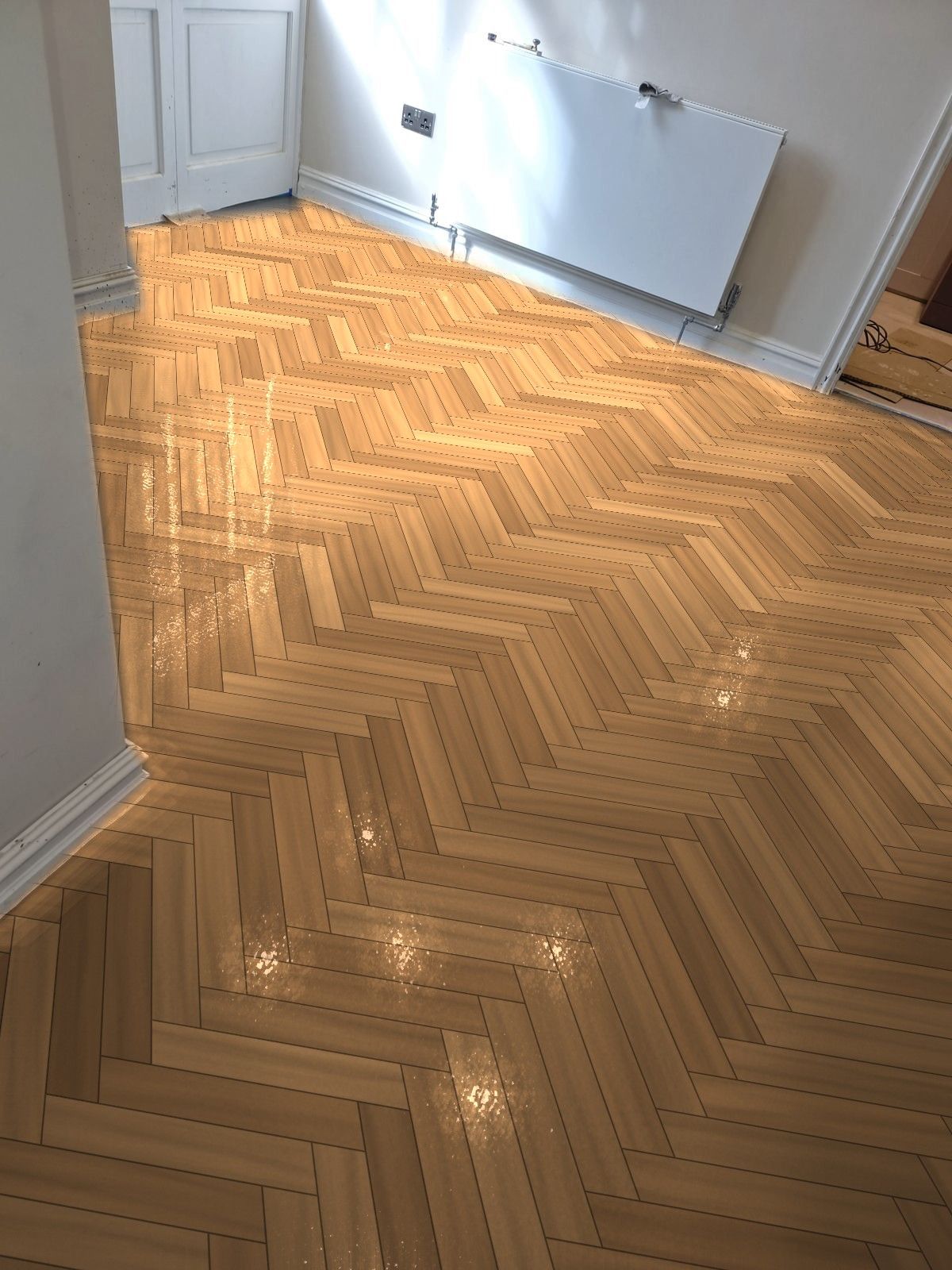 The same hallway with oak herringbone LVT, shown in the visualiser